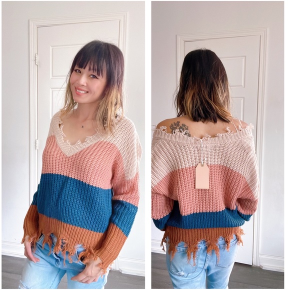 021 Cozy Color Block Distressed Frayed Sweater Top - Picture 4 of 4